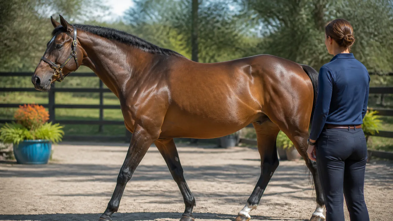 Equine massage therapist observing a sport horse’s posture and movement during a professional assessment in an outdoor arena