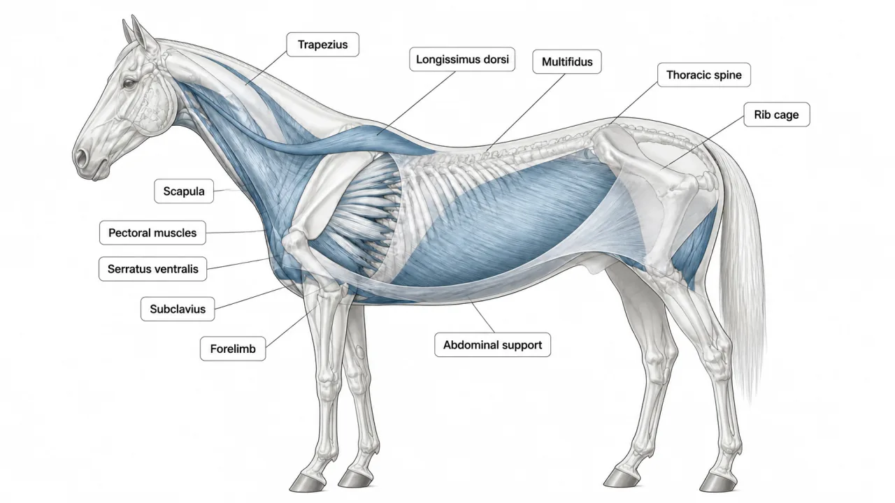 Anatomically labeled equine muscular-sling diagram showing the serratus ventralis, pectoral muscles, subclavius, trapezius, latissimus dorsi, scapula, rib cage, thoracic spine, longissimus dorsi, multifidus, abdominal support, and forelimb to explain how the thorax is suspended and supported between the front limbs
