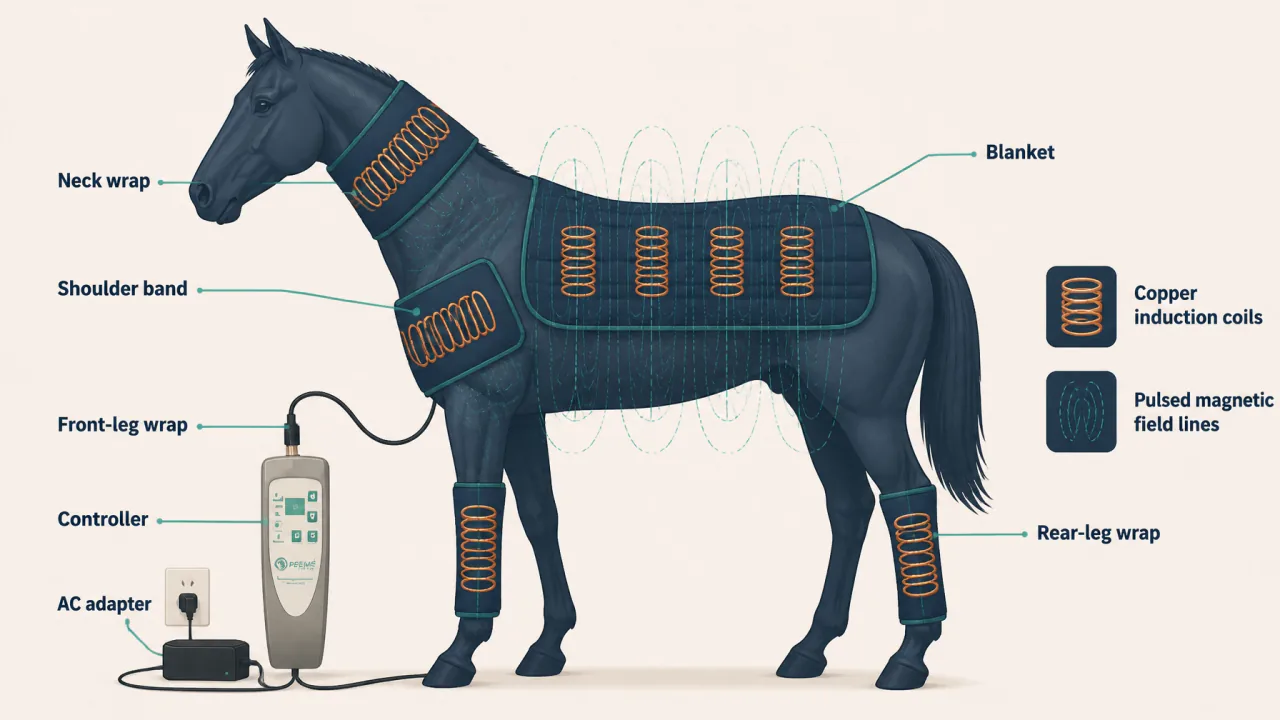 Technical illustration of PEMF coils, magnetic field lines, controller, and regional equine applicators