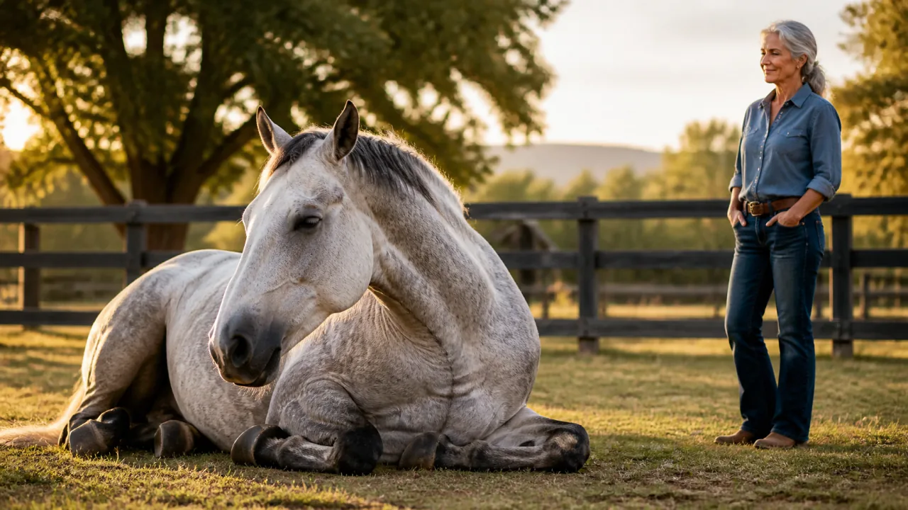 Relaxed senior gray horse resting comfortably in a peaceful paddock with its owner nearby