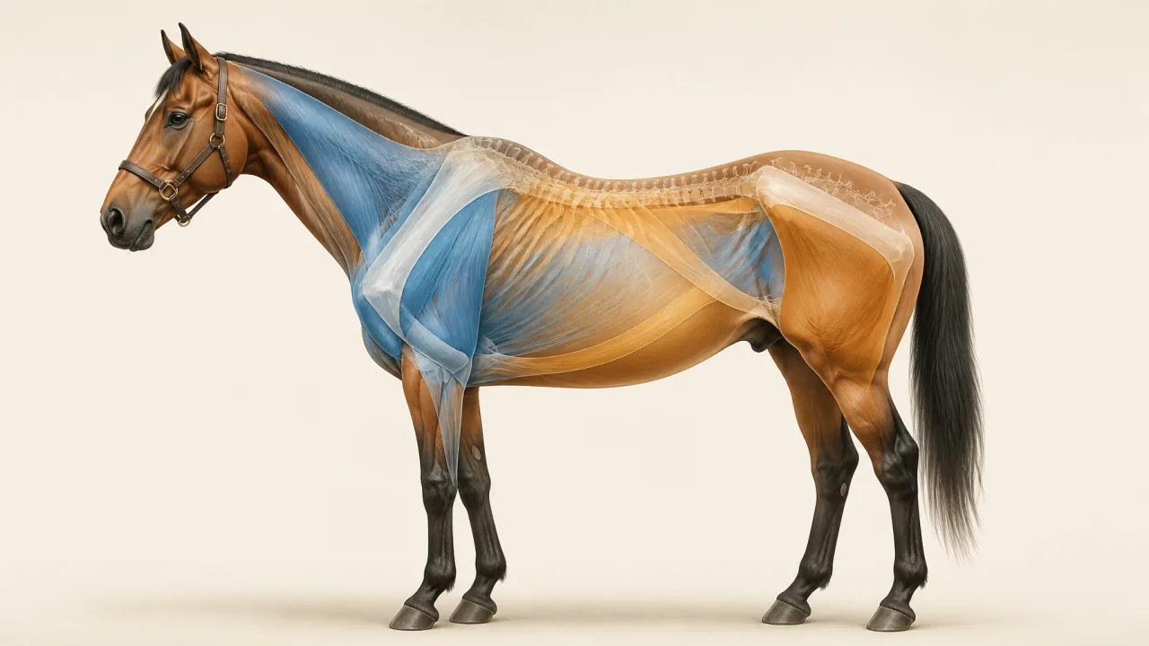 Editorial illustration of a horse with the thoracic muscular sling and spinal support regions highlighted to show how the chest, shoulders, back, and abdomen work as a connected system