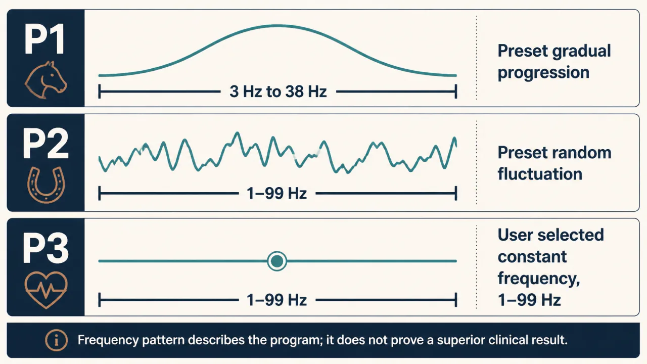 Annotated comparison of P1 gradual progression, P2 random fluctuation, and P3 constant frequency
