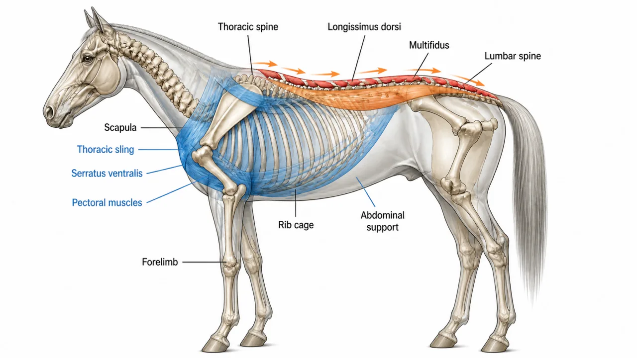 Equine spine-support connection diagram labeling the thoracic sling, serratus ventralis, pectoral muscles, scapula, rib cage, thoracic spine, longissimus dorsi, multifidus, abdominal support, lumbar spine, and forelimb to show how trunk support and spinal control are mechanically related