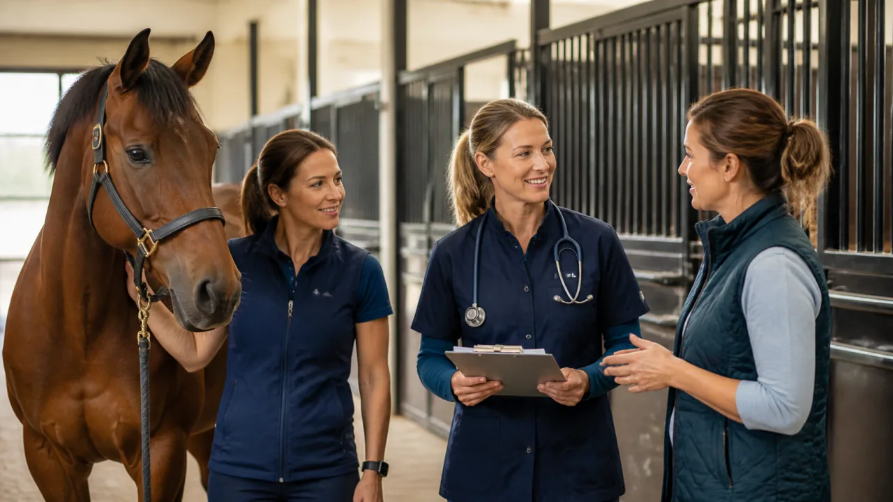 Equine veterinarian, massage therapist, and horse owner discussing a horse’s care plan beside a relaxed horse in a bright barn