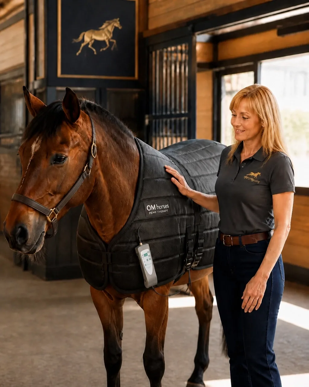 Woman standing beside a calm haltered horse wearing the OMI Horses / Omni Perf PEMF blanket in a professional equine wellness setting