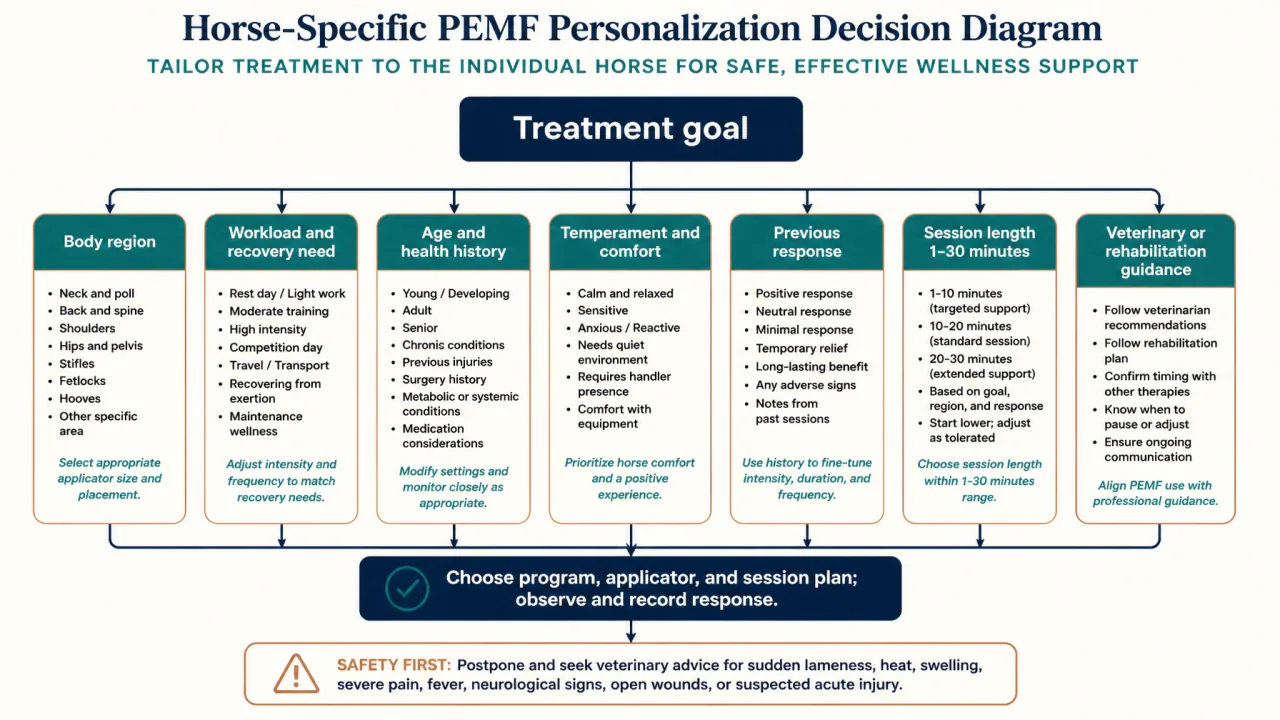 Horse-specific PEMF personalization diagram showing goal, body region, workload, temperament, session length, and professional guidance