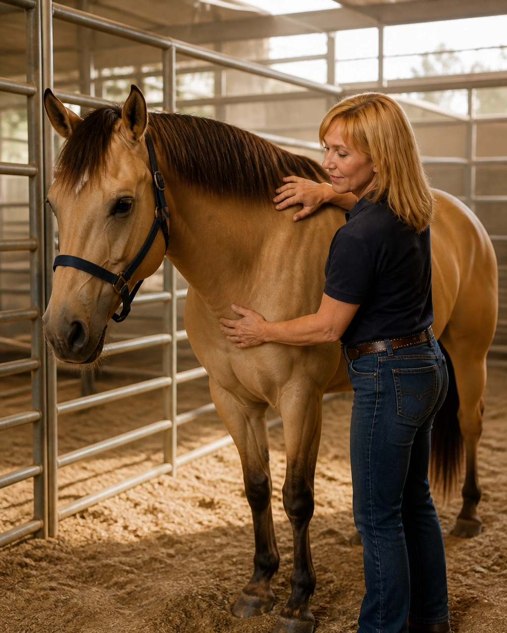Christa Martin providing supportive equine bodywork to a horse in a stall while explaining how restricted movement can affect muscles, fascia, and topline