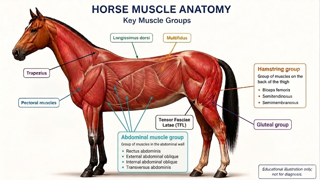 Educational side-view horse muscle anatomy diagram showing the longissimus dorsi, multifidus, trapezius, pectoral muscles, abdominal muscle group, tensor fasciae latae, gluteal group, and hamstring group including biceps femoris, semitendinosus, and semimembranosus. The diagram is educational only and not for diagnosis.