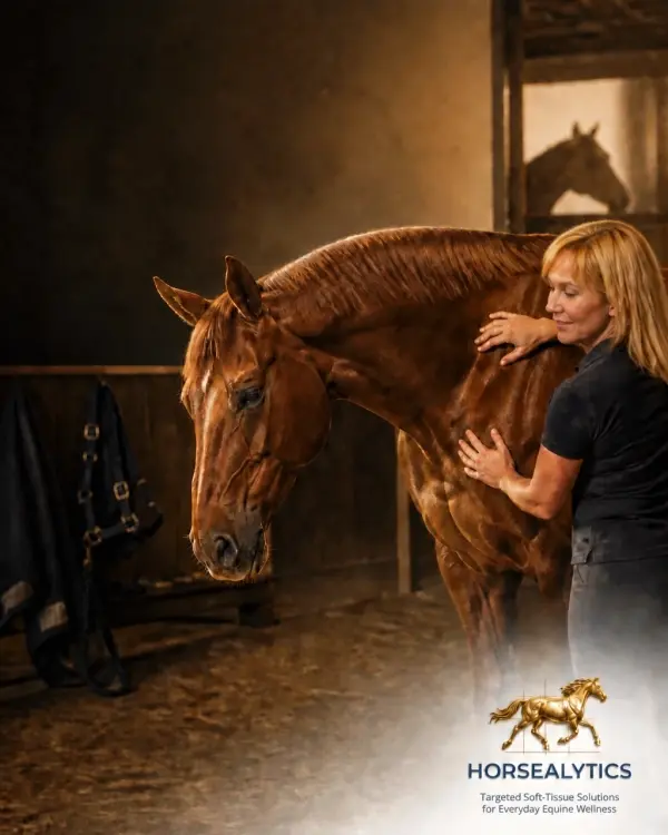 A horse receiving massage therapy from a practitioner in a warm stable